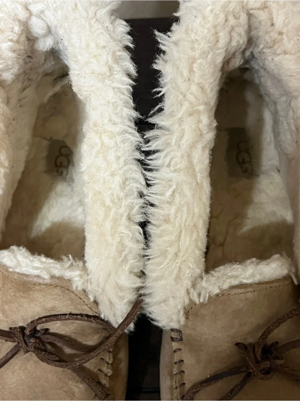 UGG Chestnut/Tan Suede Moccasin Slippers with Cream Shearling - Picture 5 of 7